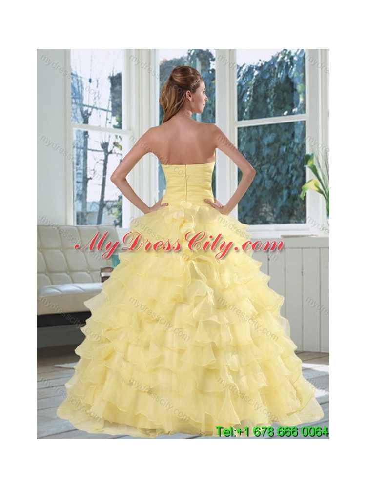 2015 Yellow Sweetheart Unique Quinceanera Dress with Beading and Ruffled Layers