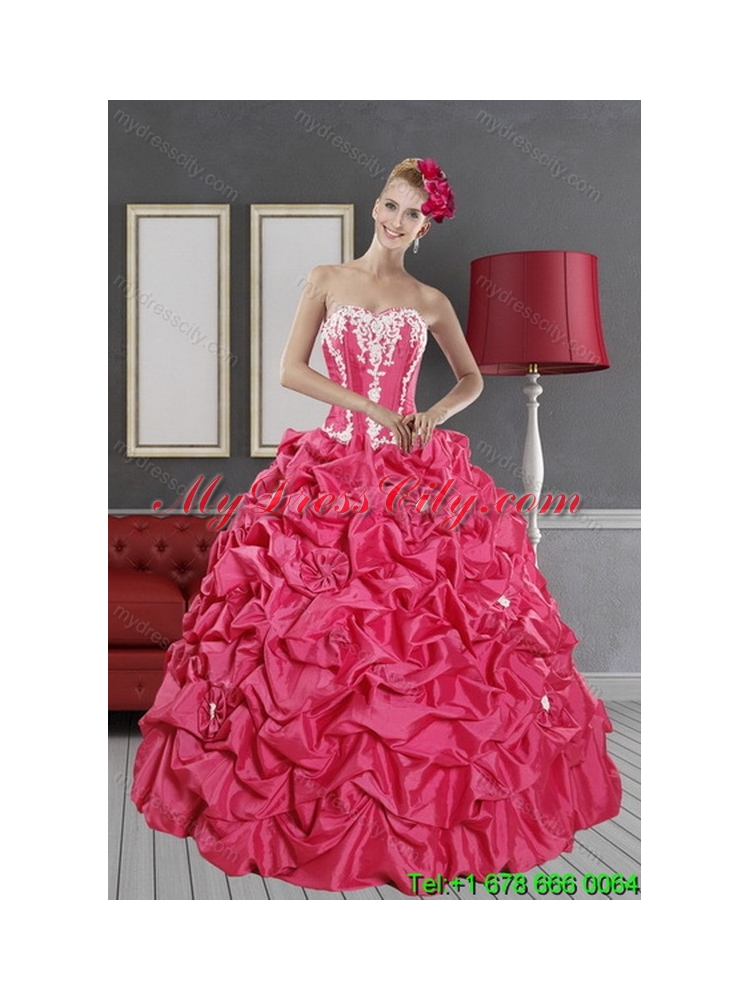 Inexpensive Hot Pink Classic Dresses for Quince with Pick Ups and Appliques