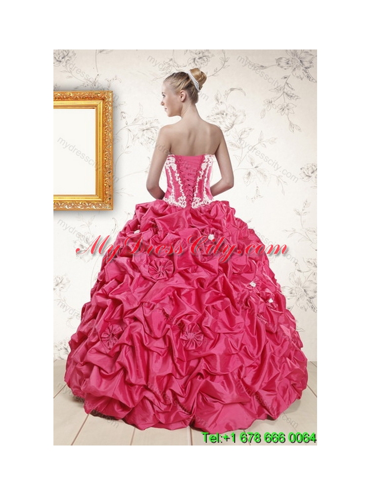 Inexpensive Hot Pink Classic Dresses for Quince with Pick Ups and Appliques