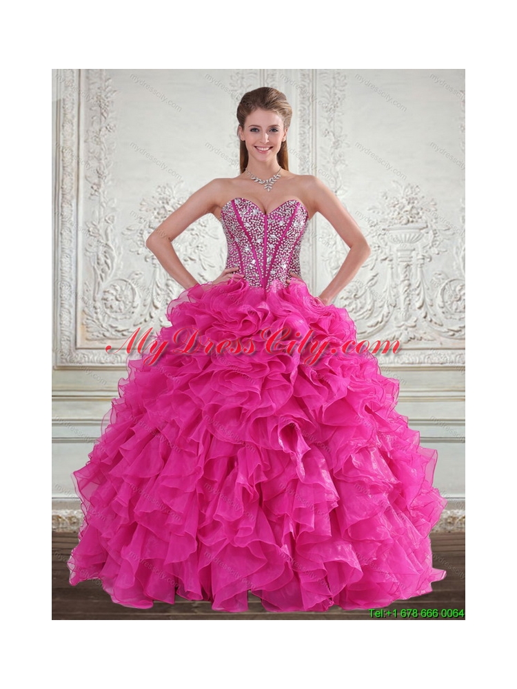 Sweetheart Hot Pink 2015 Unique Quinceanera Gown with Beading and Ruffles