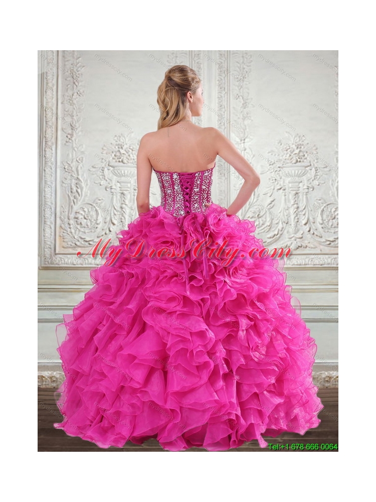 Sweetheart Hot Pink 2015 Unique Quinceanera Gown with Beading and Ruffles