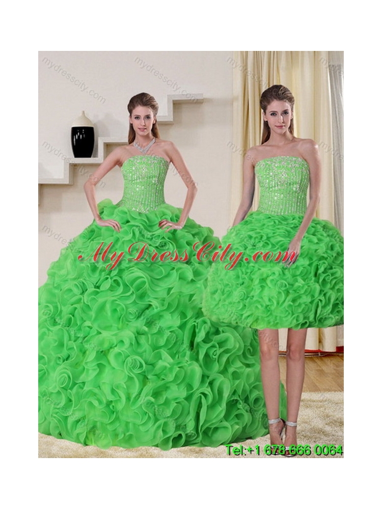 Unique Pretty Strapless Spring Green Quince Dress with Beading and Ruffles