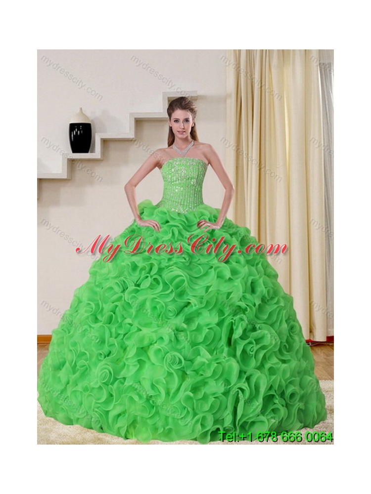 Unique Pretty Strapless Spring Green Quince Dress with Beading and Ruffles