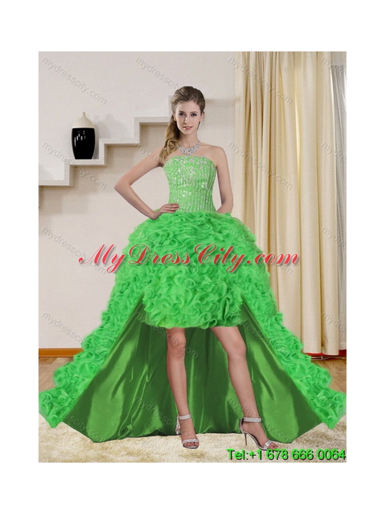 Unique Pretty Strapless Spring Green Quince Dress with Beading and Ruffles