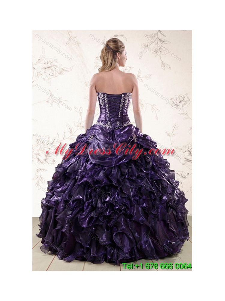 Unique Purple Sweetheart Floor Length Quince Gowns Embroidery and Ruffles