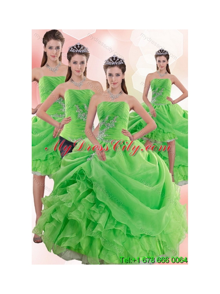 2015 Inexpensive Spring Green Unique Quince Dresses with Pick Ups and Beading