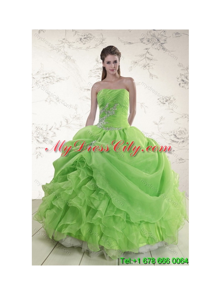 2015 Inexpensive Spring Green Unique Quince Dresses with Pick Ups and Beading