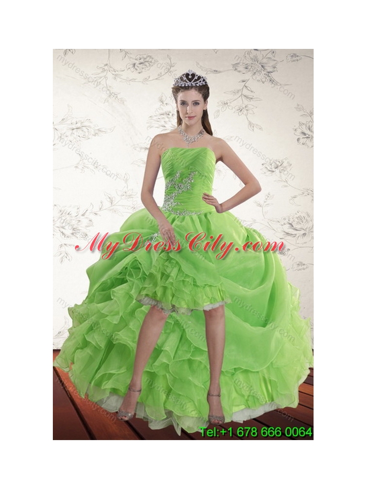 2015 Inexpensive Spring Green Unique Quince Dresses with Pick Ups and Beading