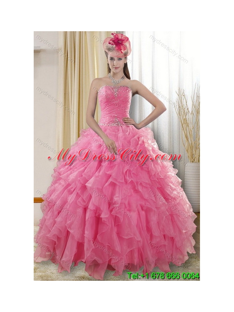 2015 Pretty Rose Pink Unique Quinceanera Dresses with Ruffles and Beading