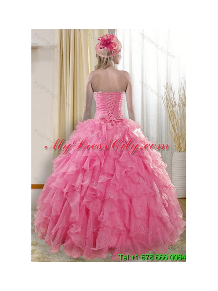 2015 Pretty Rose Pink Unique Quinceanera Dresses with Ruffles and Beading