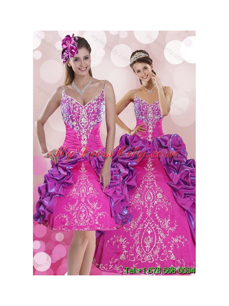 Multi Color Sweep Train 2015 Unique Quince Dresses with Pick Ups and Embroidery