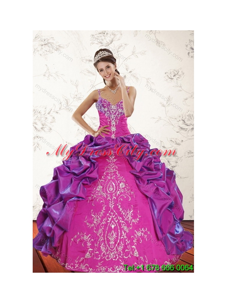 Multi Color Sweep Train 2015 Unique Quince Dresses with Pick Ups and Embroidery