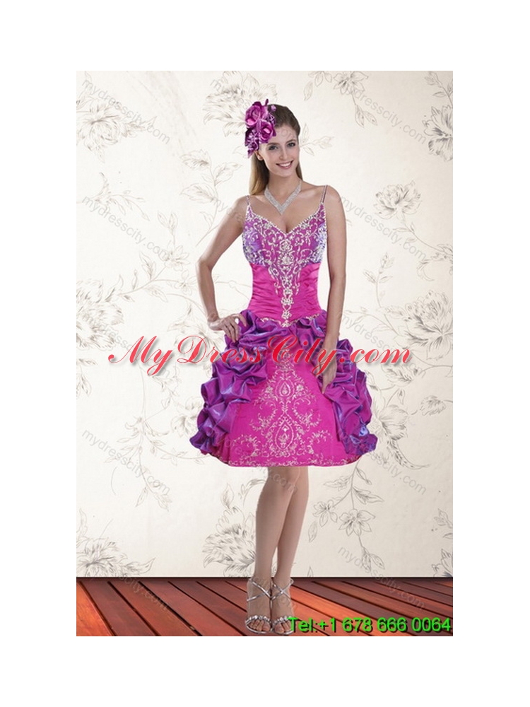 Multi Color Sweep Train 2015 Unique Quince Dresses with Pick Ups and Embroidery