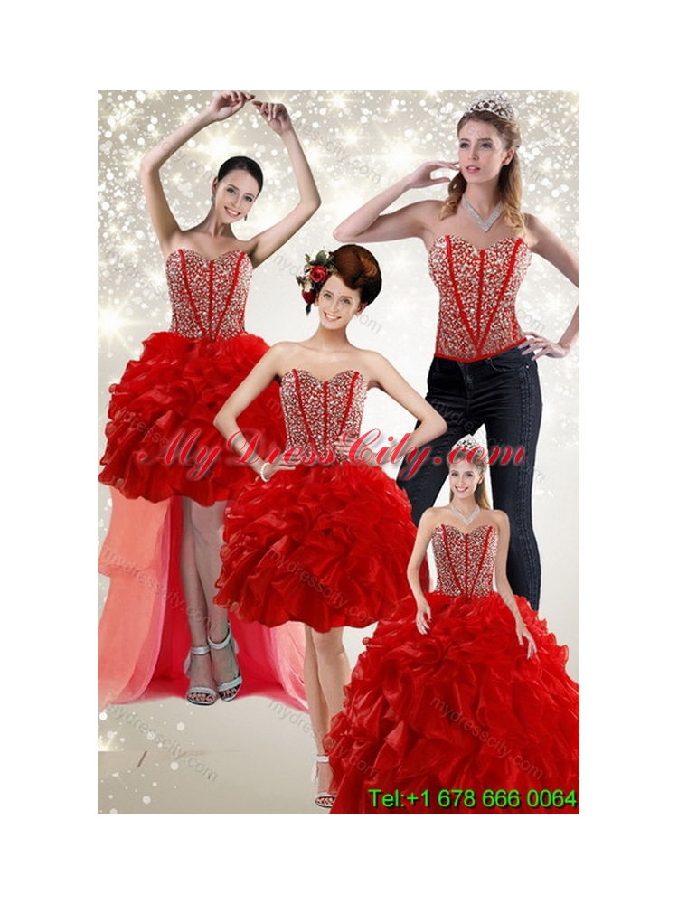 Unique 2015 Newest Beading and Ruffles Quince Dress in Red