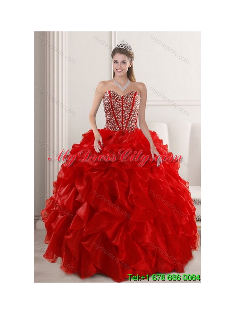 Unique 2015 Newest Beading and Ruffles Quince Dress in Red