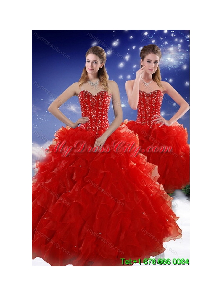 2015 Unique Perfect Red Sweet 15 Dresses with Beading and Ruffles