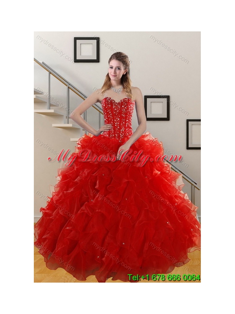 2015 Unique Perfect Red Sweet 15 Dresses with Beading and Ruffles