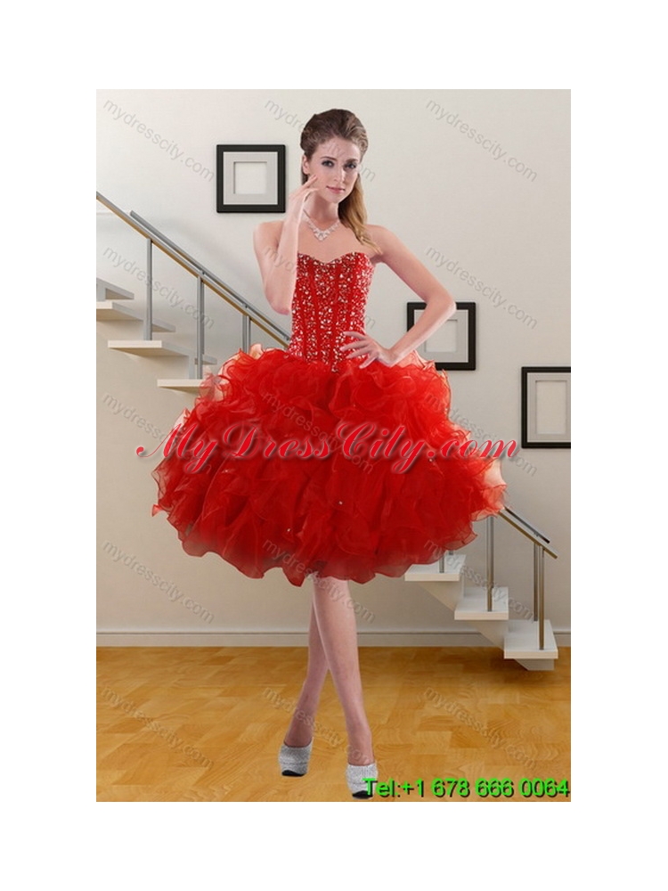 2015 Unique Perfect Red Sweet 15 Dresses with Beading and Ruffles