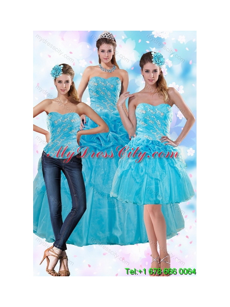 Sophisticated Teal Unique Quince Dresses with Embroidery and Pick Ups