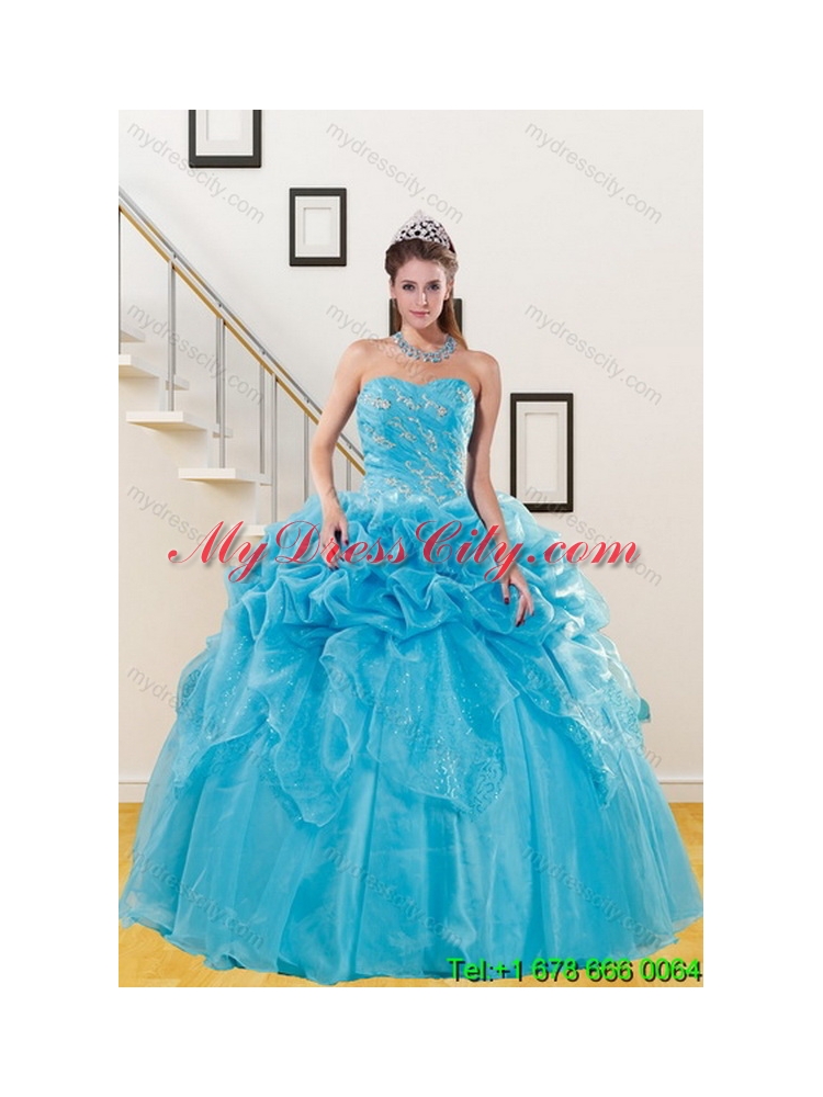 Sophisticated Teal Unique Quince Dresses with Embroidery and Pick Ups