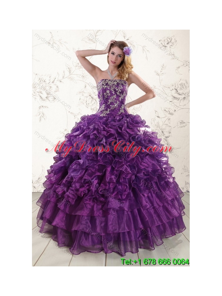 Unique Lovely Purple Strapless Appliques and Ruffles Quince Dresses for 2015