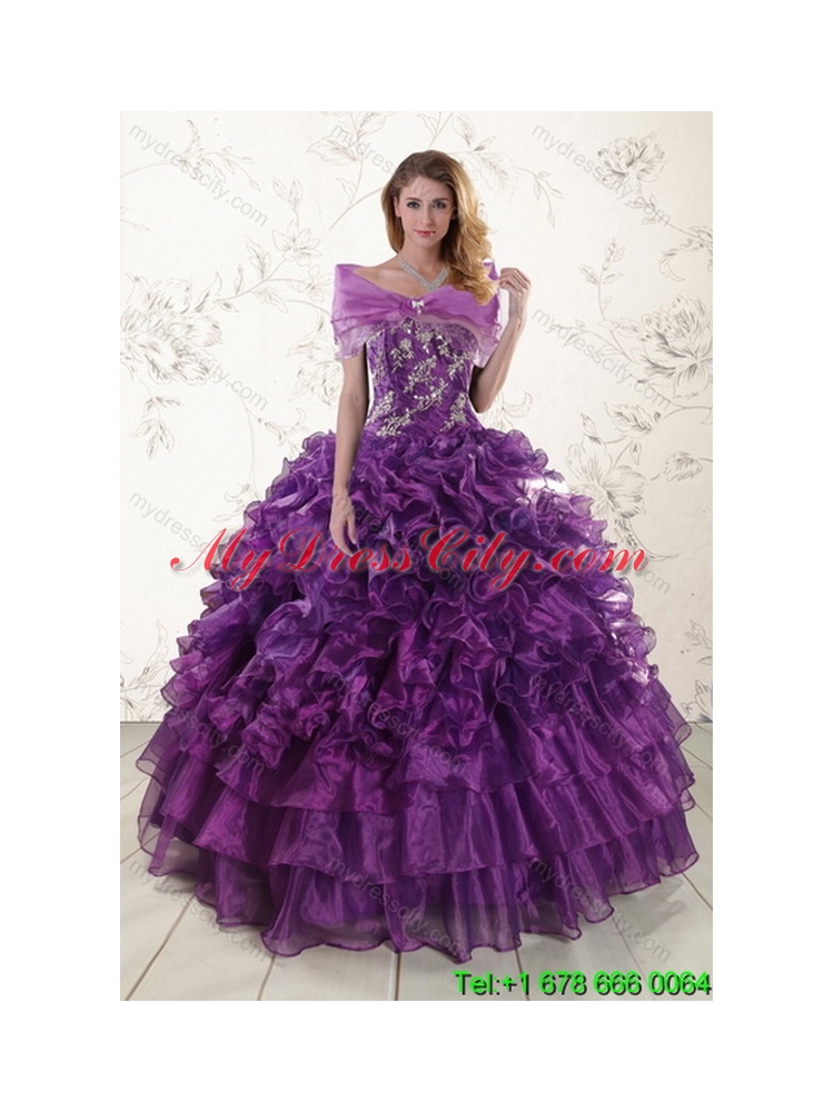 Unique Lovely Purple Strapless Appliques and Ruffles Quince Dresses for 2015