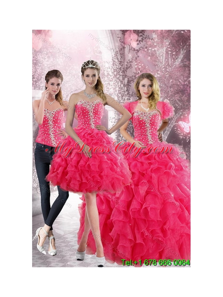 2015 Designer Hot Pink Sweetheart Sweet 15 Dresses with Beading and Ruffles