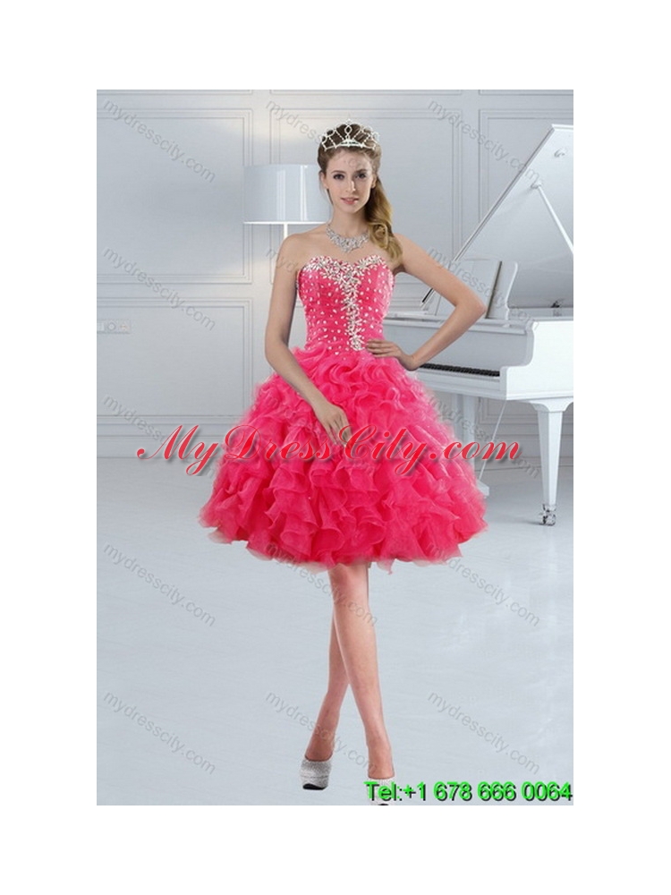 2015 Designer Hot Pink Sweetheart Sweet 15 Dresses with Beading and Ruffles