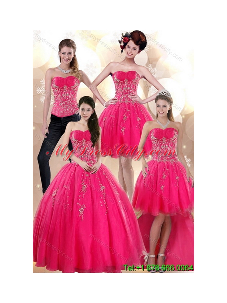 2015 Designer Strapless Hot Pink Dresses for Quince with Appliques