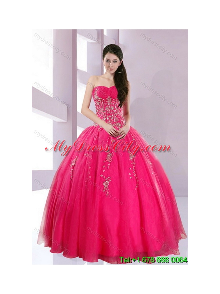 2015 Designer Strapless Hot Pink Dresses for Quince with Appliques