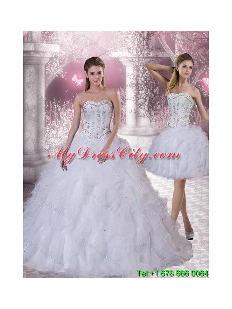 2015 Designer Sweetheart White Quinceanera Dress with Ruffles and Beading