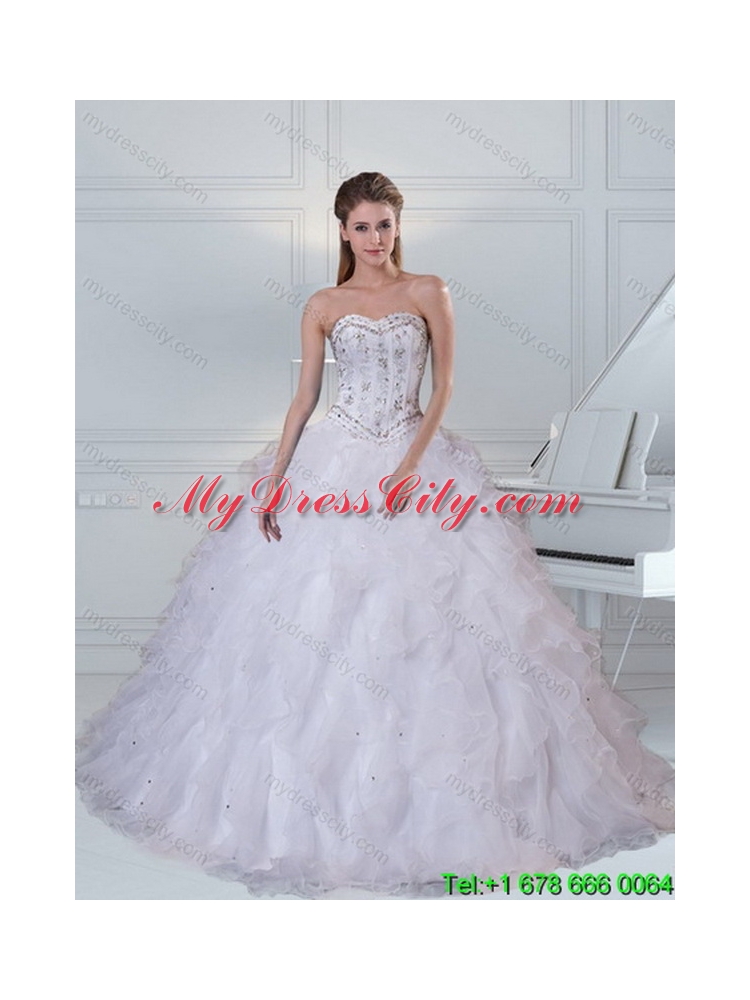 2015 Designer Sweetheart White Quinceanera Dress with Ruffles and Beading