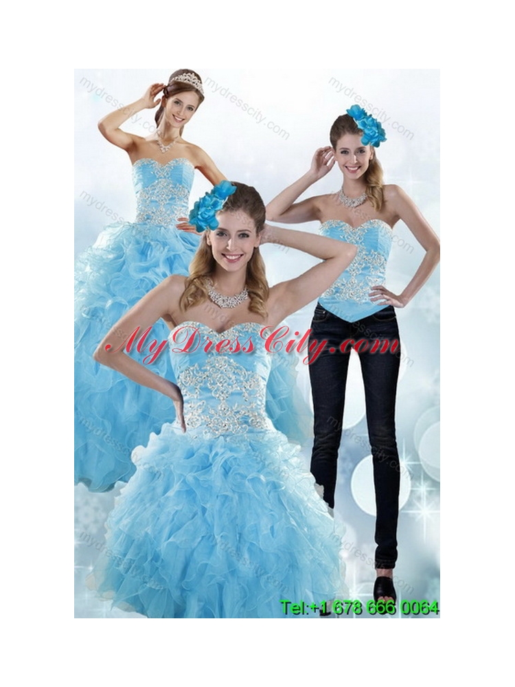 Designer Baby Blue Sweetheart 2015 Sweet 15 Dresses with Embroidery and Ruffles