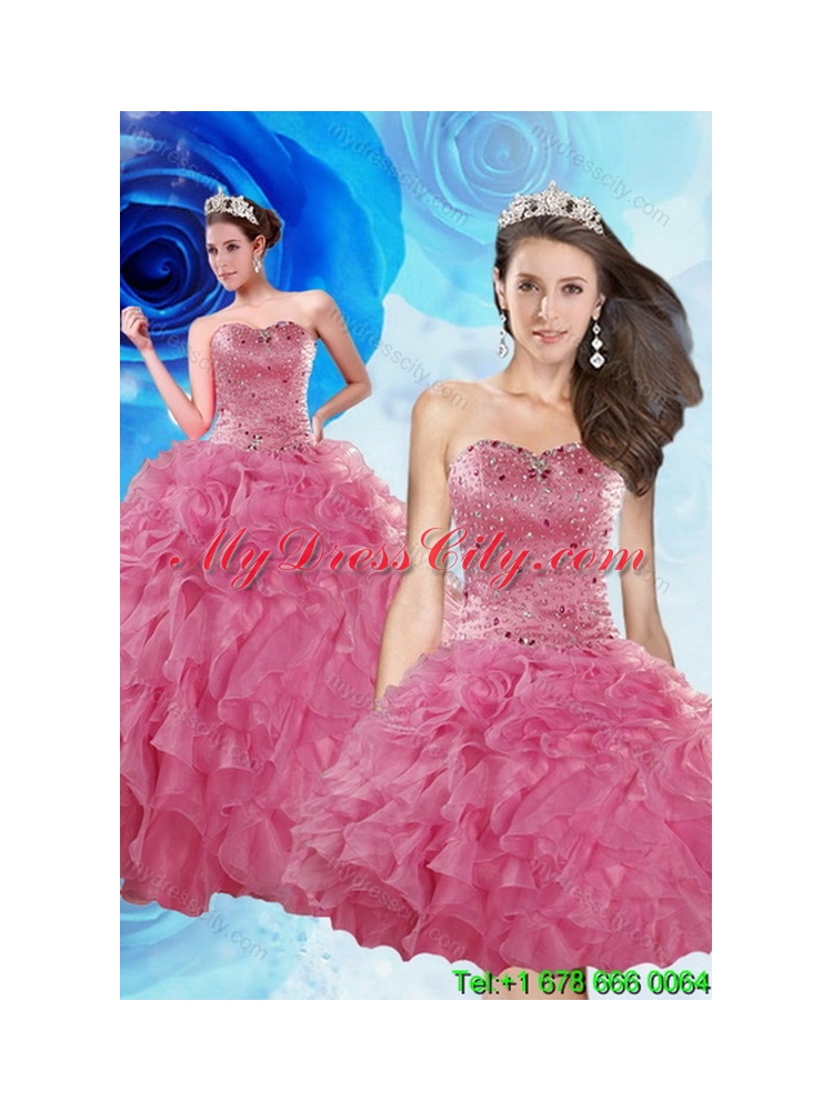 Designer Coral Red Quince Dresses with Beading and Ruffles