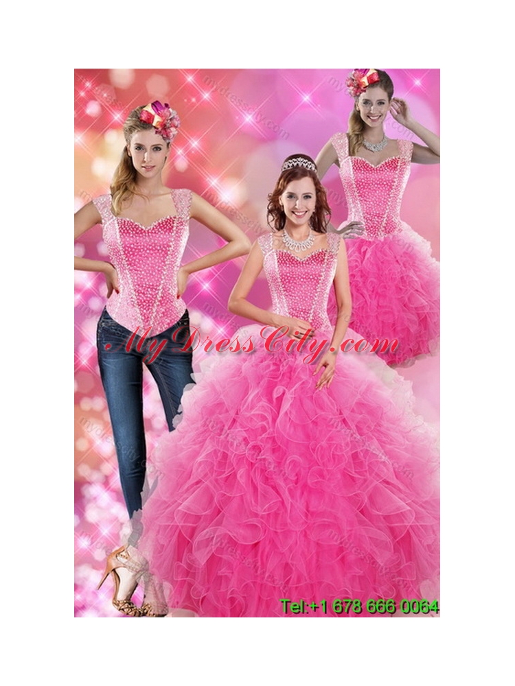 Designer Hot Pink 2015 Quinceanera Gown with Beading and Ruffles