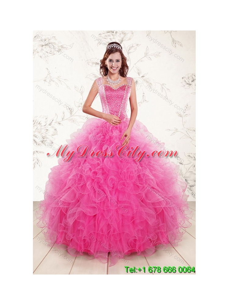 Designer Hot Pink 2015 Quinceanera Gown with Beading and Ruffles