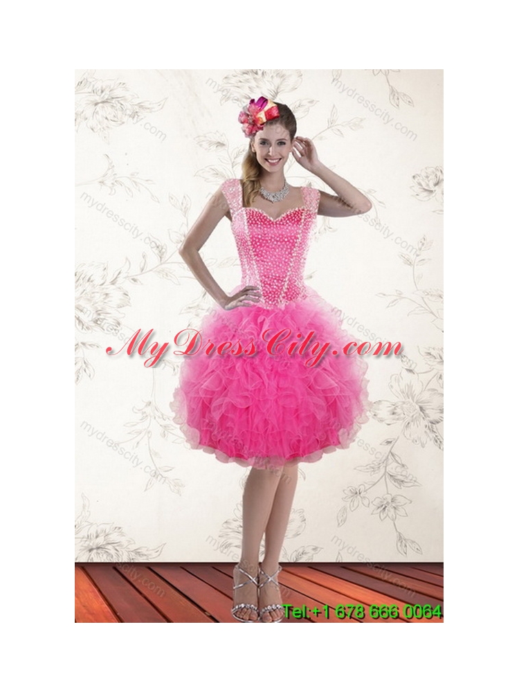 Designer Hot Pink 2015 Quinceanera Gown with Beading and Ruffles