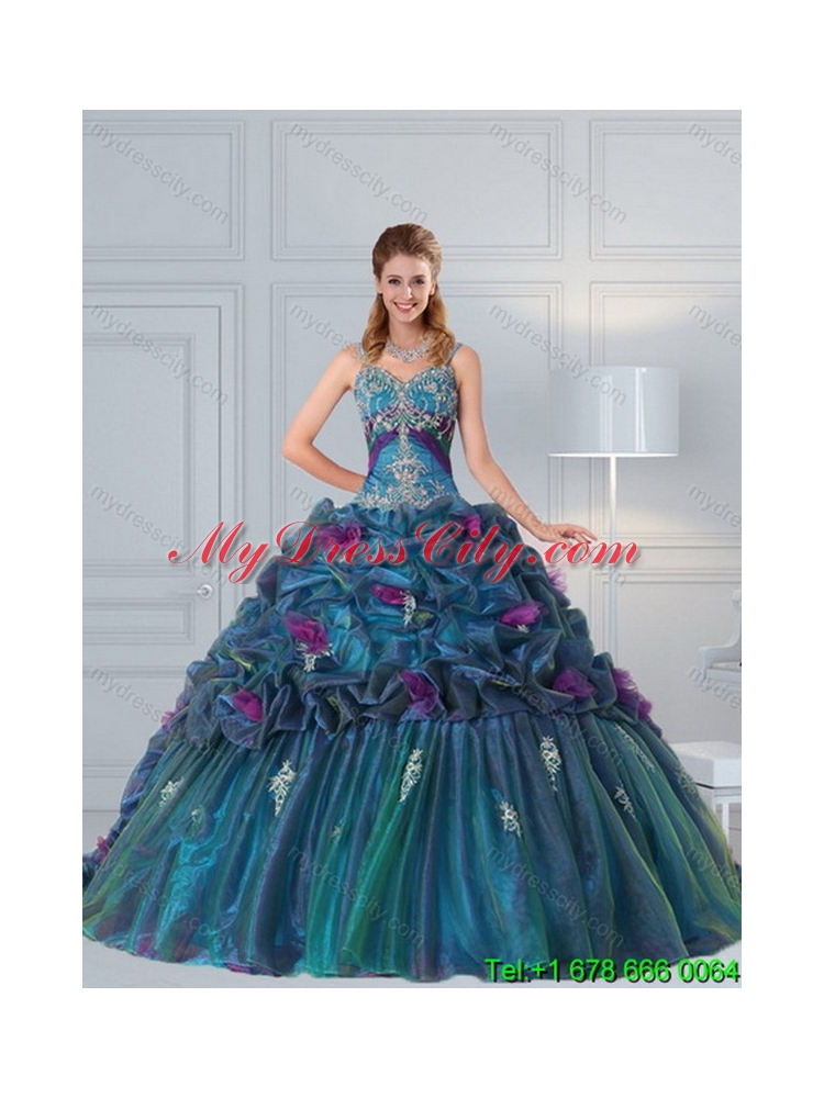 Designer Multi Color Quinceanera Gown with Hand Made Flower and Pick Ups