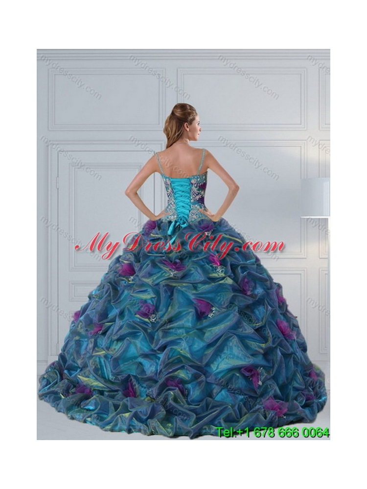 Designer Multi Color Quinceanera Gown with Hand Made Flower and Pick Ups