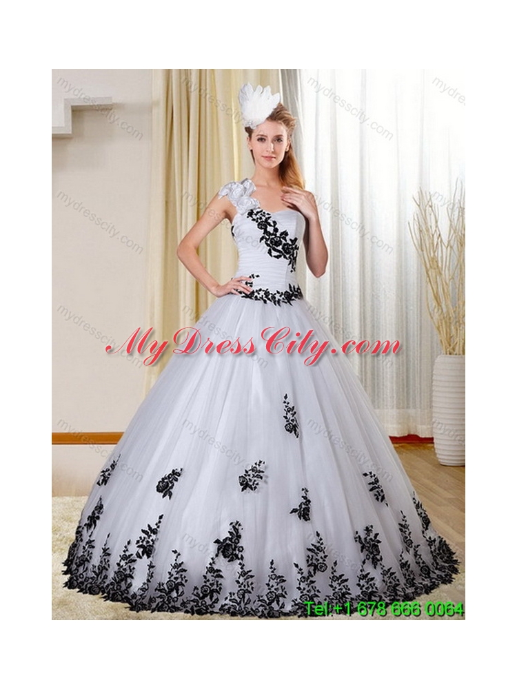 Designer One Shoulder White and Black Quinceanera Dress with  Appliques for 2015