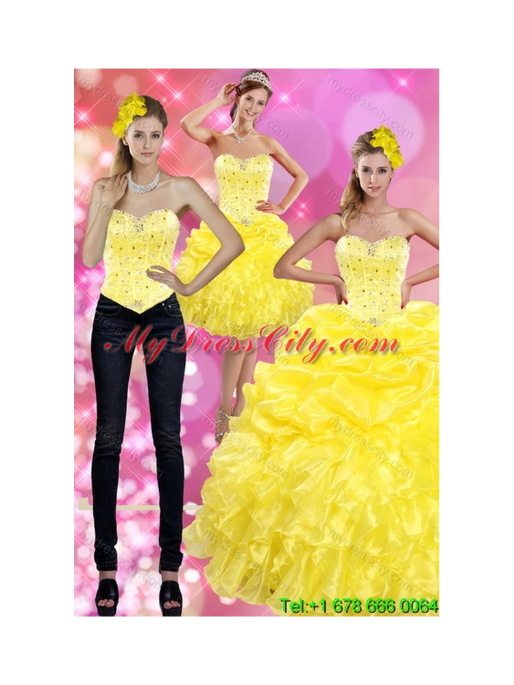 Designer Yellow 2015 Quince Dresses with Beading and Ruffles