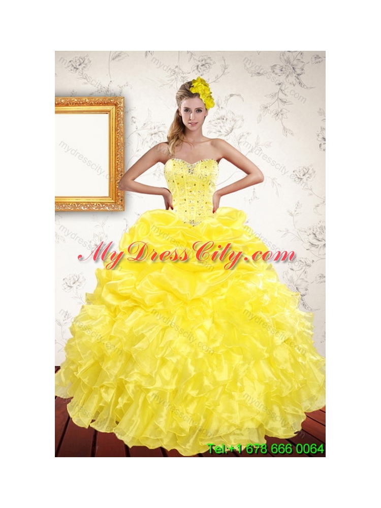 Designer Yellow 2015 Quince Dresses with Beading and Ruffles