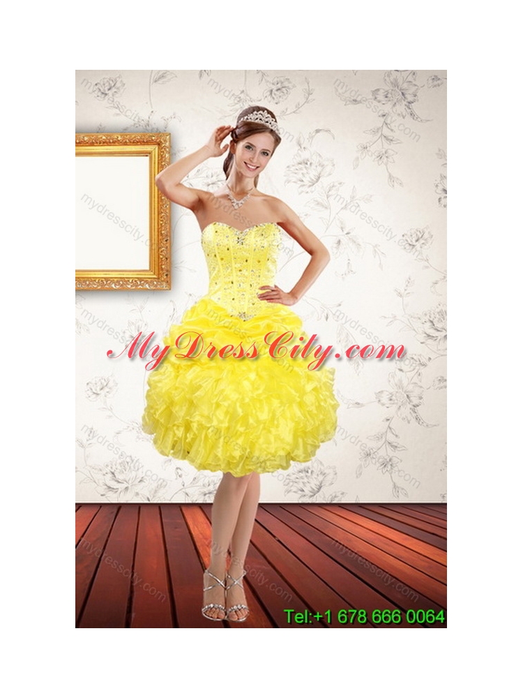 Designer Yellow 2015 Quince Dresses with Beading and Ruffles