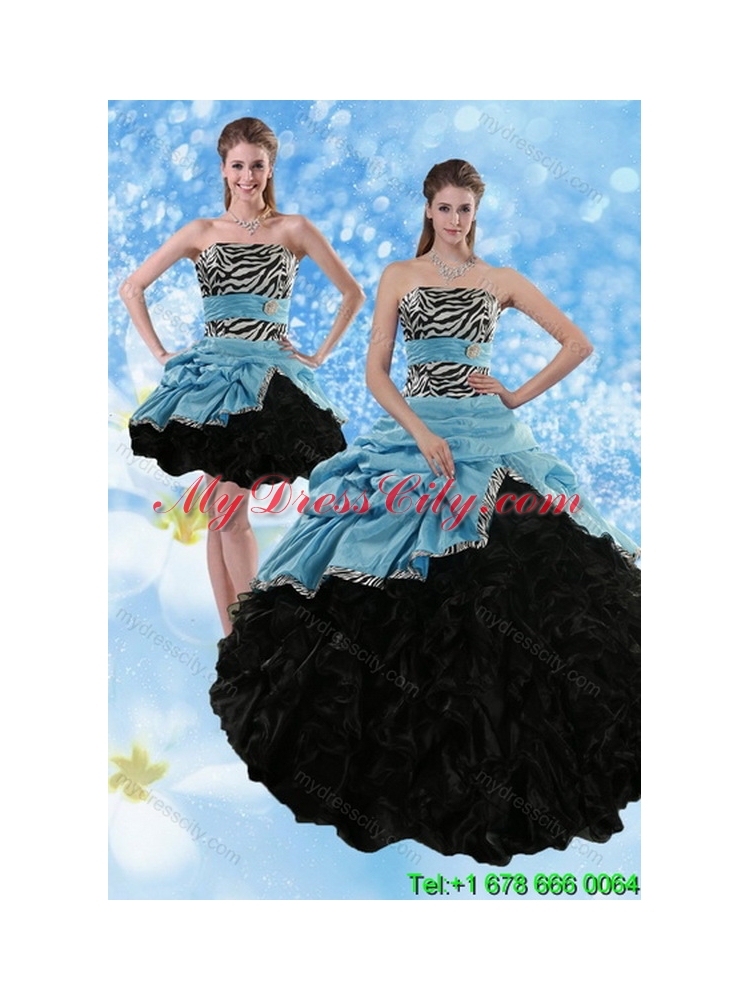 Designer Zebra Print Multi Color Strapless Quince Dresses with Ruffles and Pick Ups