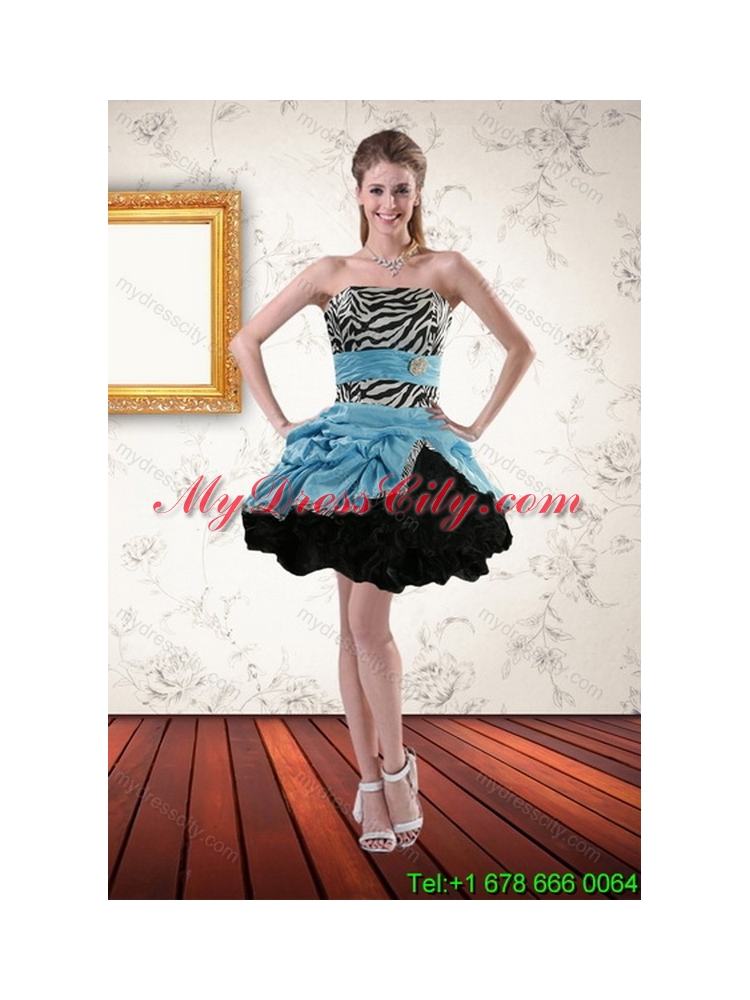 Designer Zebra Print Multi Color Strapless Quince Dresses with Ruffles and Pick Ups