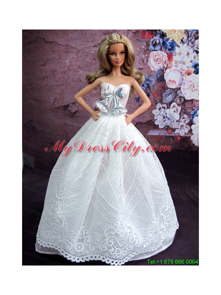 Elegant White Gown With White Lace and Bowknot Made To Fit The Barbie Doll