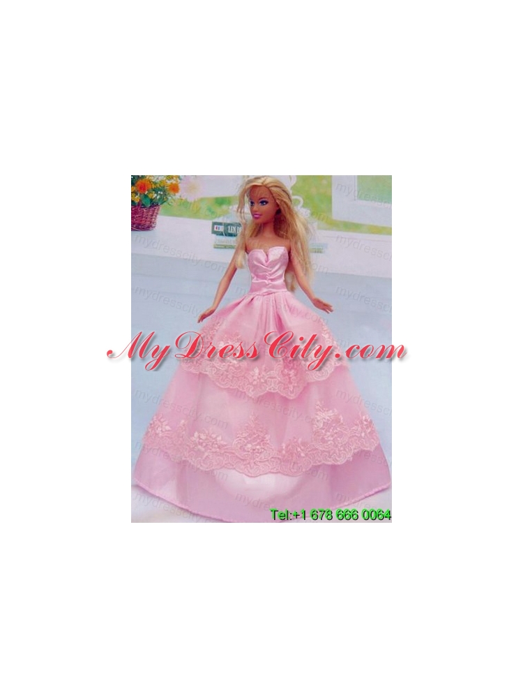 Embroidery Floor-length Rose Pink For Princess Barbie Doll Dress