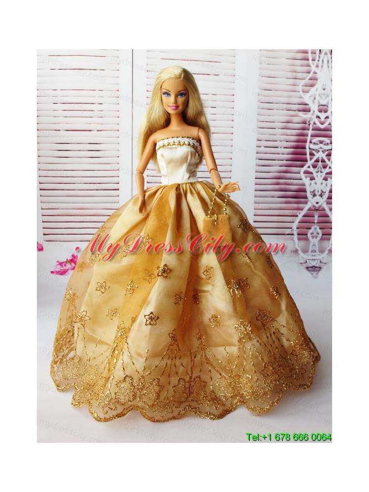 Lovely Ball Gown Handmade Gold Appliques Barbie Doll Dress