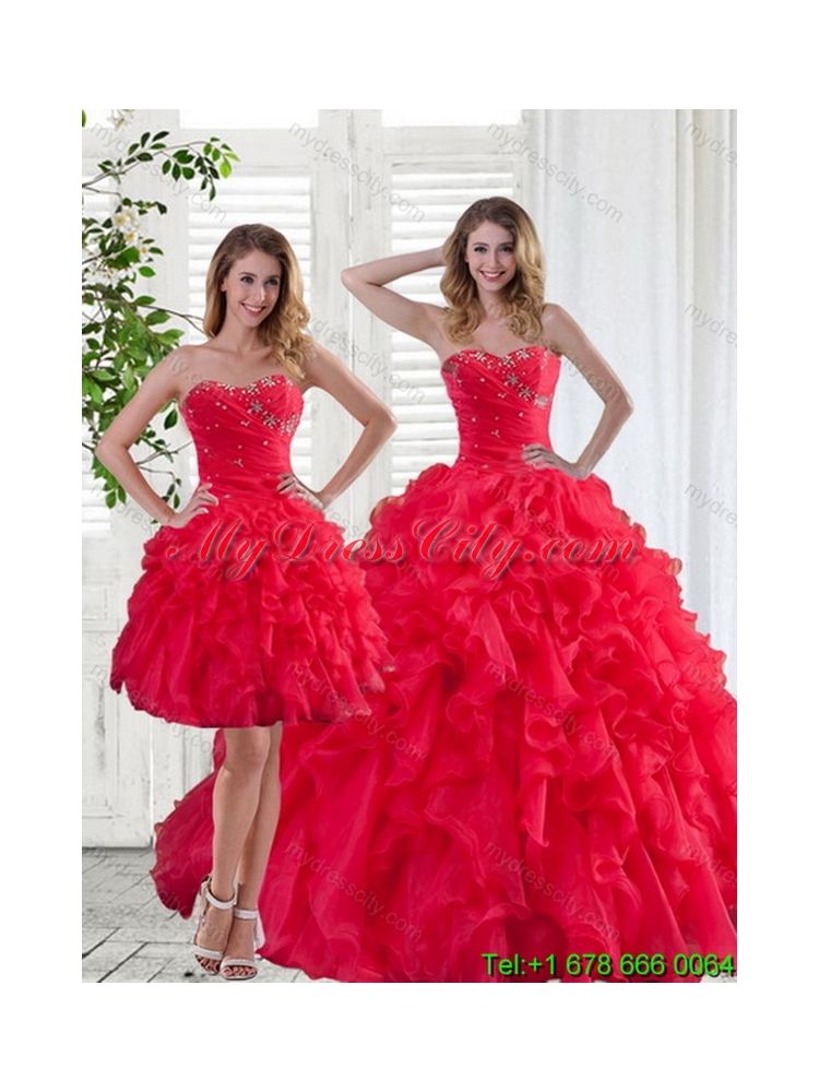 2015 Detachable Red Strapless Quinceanera Skirts with Ruffles and Beading