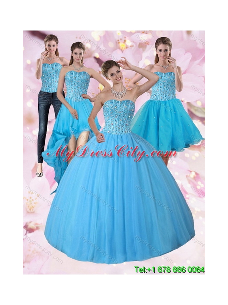 Detachable Baby Blue Strapless 2015 Quinceanera Skirts with Beading